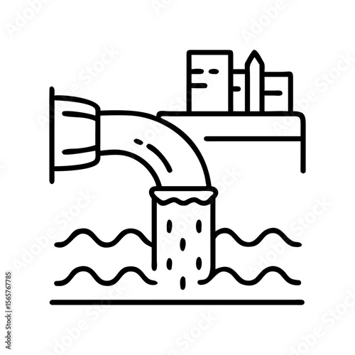 A sewer pipe discharging dirty water into a body of water from a city with buildings causing water pollution. Industrial sewage system black color vector icon