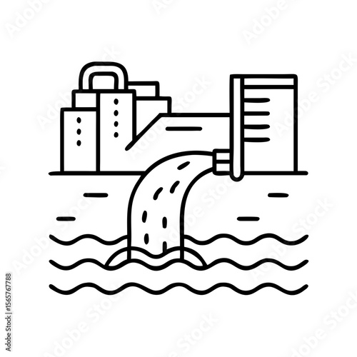 Wastewater discharge from a pipe in a sewage treatment plant into a body of water. Environmental pollution. Vector icon illustration for infographic