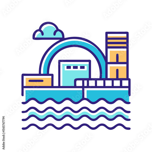 Blue sewerage system icon with water, building, and cloud. Wastewater treatment plant concept. Flat line style. Vector illustration for web, app