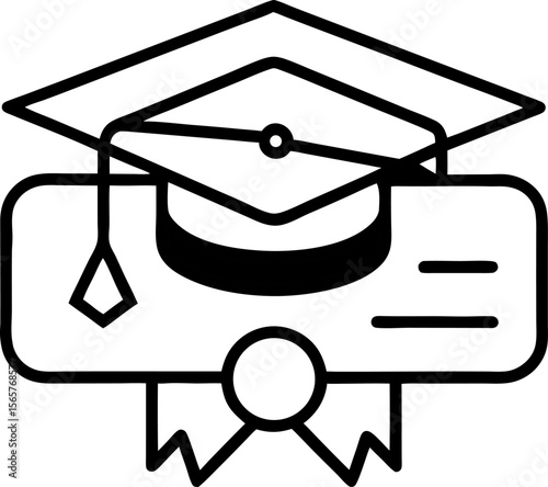 An outline icon graduation cap on a diploma with white background.