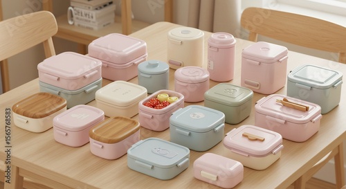 Pastel Bento Boxes: A Collection of Lunch Containers on Wooden Table