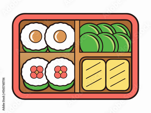 Sushi Bento Box with Decorative Rolls and Tamagoyaki for Food Blogs, Recipe Websites, Japanese Cuisine Articles, Nutrition Content, and Social Media Food Posts  