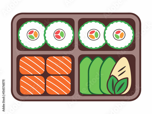 Sushi Bento Box with Salmon, Rolls, and Vegetables for Food Blogs, Healthy Eating Websites, Asian Cuisine Menus, Meal Prep Ideas, and Nutrition Articles  