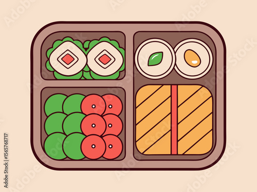 Stylized Bento Box with Colorful Vegetables and Rice for Food Blogs, Healthy Diet Websites, Meal Prep Ideas, Nutrition Articles, and Culinary Education Resources  