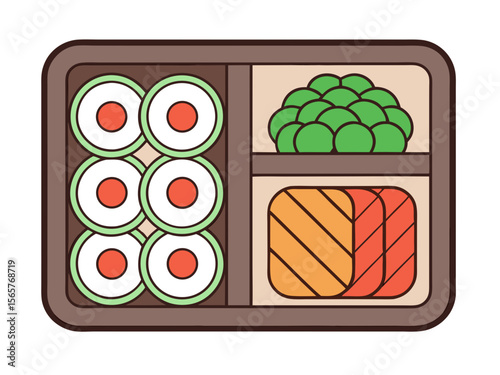 Colorful Bento Box with Sushi and Vegetables for Food Blogs, Healthy Meal Content, Japanese Cuisine Websites, Lunch Ideas, and Nutrition Articles  