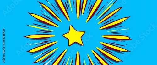 Blue background, cartoon comic style burst, single yellow star,  burst,  energy