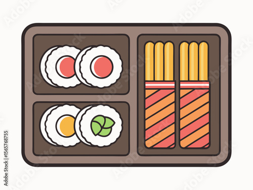 Sushi Bento Box with Varied Rolls and Sticks for Food Blogs, Culinary Websites, Lunch Menus, Recipe Cards, and Japanese Cuisine Awareness  