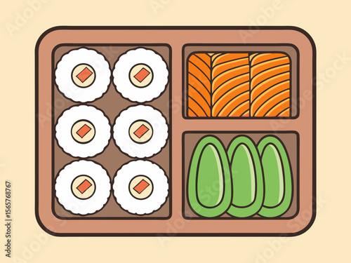Colorful Sushi Bento Box with Rolls, Salmon, and Avocado for Food Blogs, Japanese Cuisine Websites, Healthy Eating Articles, and Culinary Content  