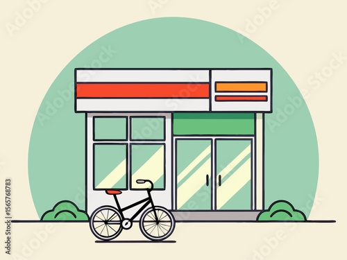 Bicycle Parked Outside a Modern Shop Front with Green Accents for Business Blogs, Urban Design Websites, Lifestyle Articles, and E-commerce Content  
