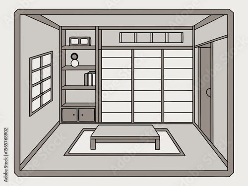 Minimalist Interior Design of a Simple Room with Shelves and Sliding Doors for Architecture Blogs, Home Decor Websites, Design Inspiration, and Modern Living Articles  