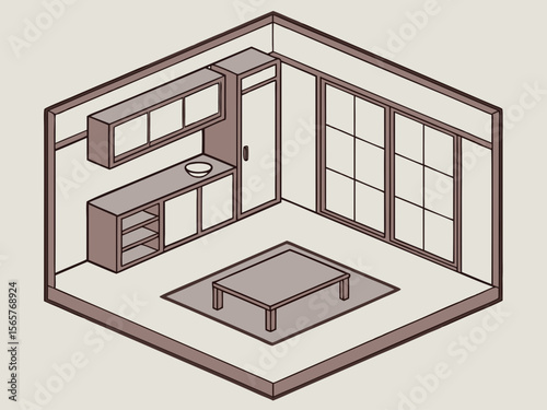 Isometric Illustration of Modern Minimalist Living Room with Furniture for Interior Design Blogs, Home Decor Websites, and Architecture Presentations  