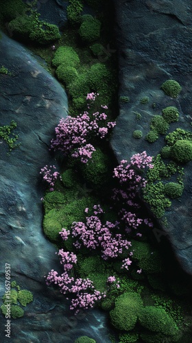 Natural Stone Surface with Blooming Moss and Flowers – A Calming Texture Embracing Mindful Disconnection and Organic Simplicity
