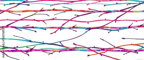 Abstract seamless pattern of vibrant, interwoven horizontal twigs on a white background,  surface,  organic
