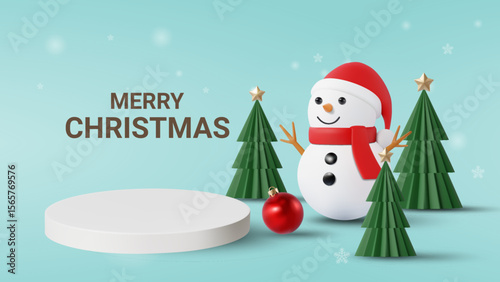 3D Vector Illustration Rendering of Christmas Scene. Snowman with Santa Hat, Christmas Tree, Star and Ball. Text “Merry Christmas”. Snow Fall. Greeting Card, Poster. In Winter Season.