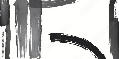 Abstract black ink brush strokes on white background, grunge texture, bold, ribbon