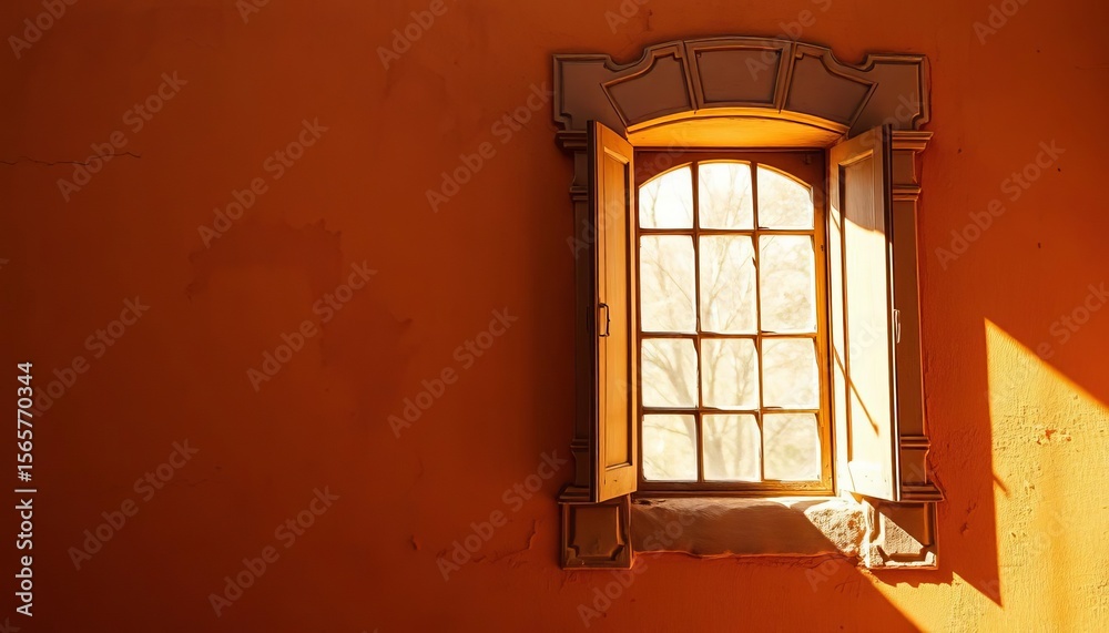 Obraz premium A vibrant Siena wall, sunlit window reveals textured plaster, ochre hues, perspective, old