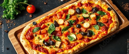 A partially eaten veggie pizza on a rectangular tray, baking, broccoli