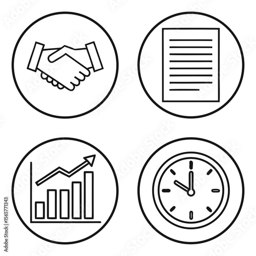 Four circular icons depicting a handshake, document, graph with upward trend, and a clock.