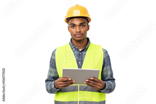 Serious construction worker holds tablet, wearing safety vest and helmet.