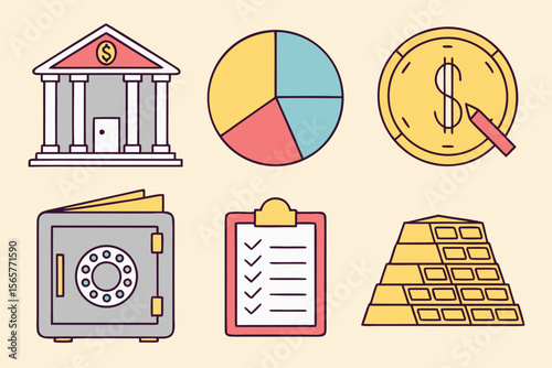 Simple line art icons representing financial concepts like banking, investment, and wealth.