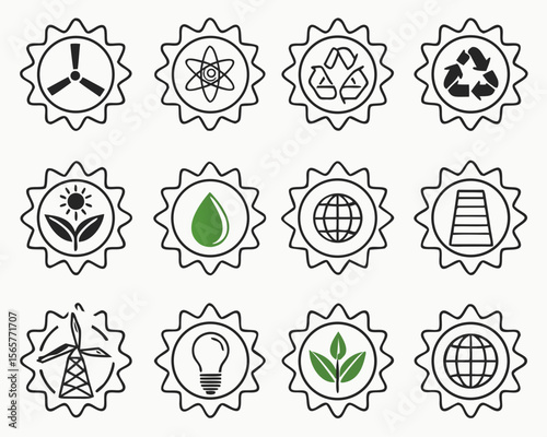 Collection of twelve different icons representing concepts of ecology, renewable energy, and environmental sustainability.