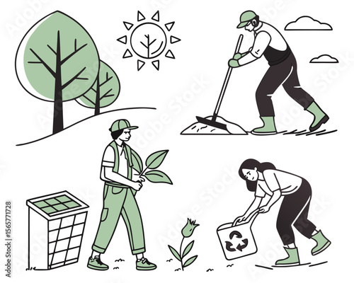 Illustrative depiction of people working to maintain and improve the environment.