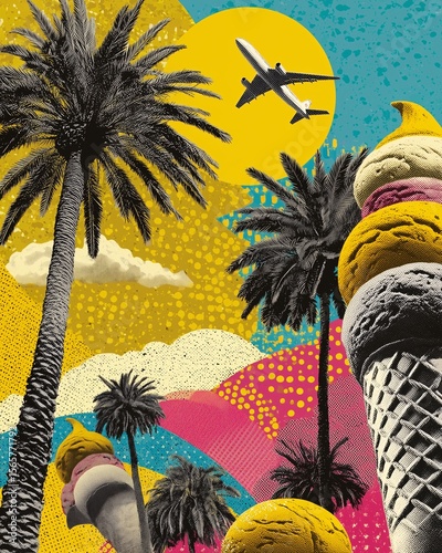 Tropical Pop Escape – Bold Collage of Ice Cream Cones, Palm Trees, and Flight Tickets in Vibrant Summer Pop Art Style
