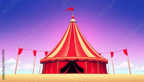 A vibrant red circus tent stands tall against a clear sky, vector illustration, illustration, performance