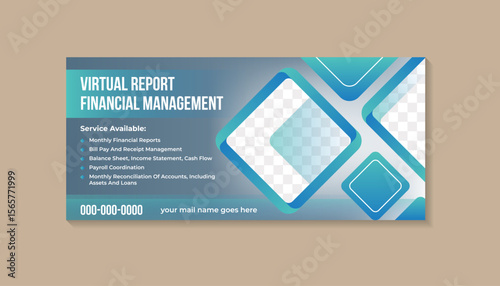 This finance banner design with space for photo is perfect for your business and innovative web banner ad. blue gradient background on horizontal layout. example of headline is virtual report finacial