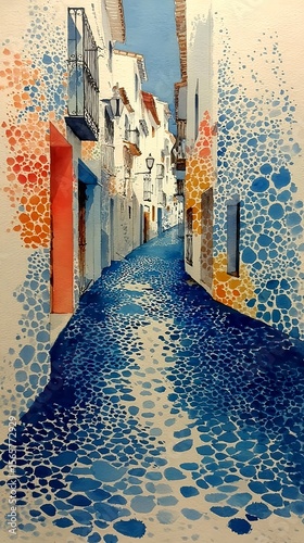 Melody of colors in pastel watercolor alley with mosaic cobblestone texture and impressionistic architectural harmony