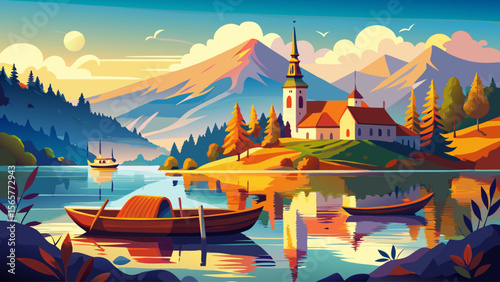Bled Park by Lake Bled in Slovenia features traditional boats and the iconic island church, basking in golden morning light in a dreamy lakeside view.

