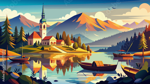 Bled Park by Lake Bled in Slovenia features traditional boats and the iconic island church, basking in golden morning light in a dreamy lakeside view.

