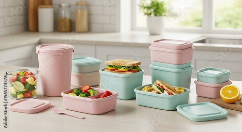 Pastel Food Storage Containers: Fresh Sandwiches, Fruits, and Vegetables in Kitchen Setting