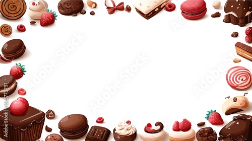Colorful dessert illustration.  Various pastries and sweets in a border frame against a white background.  Includes chocolates, macarons, cookies, cakes, and 