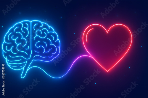 Glowing neon brain and heart linked by a single line, symbolizing the balance between logic and emotion in decision-making. Neon Brain and Heart Connection Illustration

