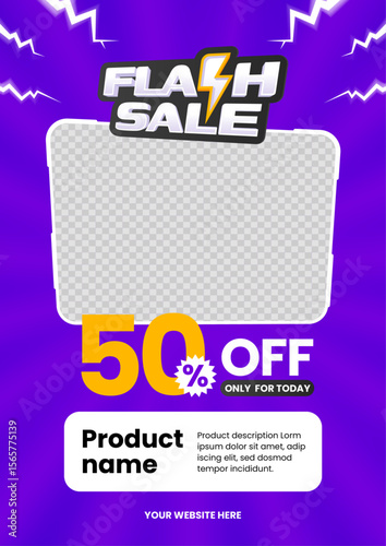 Flash sale A4 template with a comic style in purple and yellow.