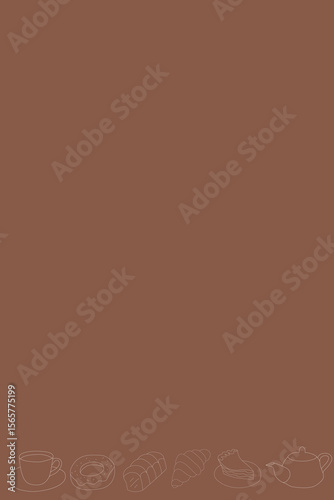  Vertical autumn-toned chocolate brown background decorated with sketch lines of croissants, pumpkin pie, coffee cup, and teapot