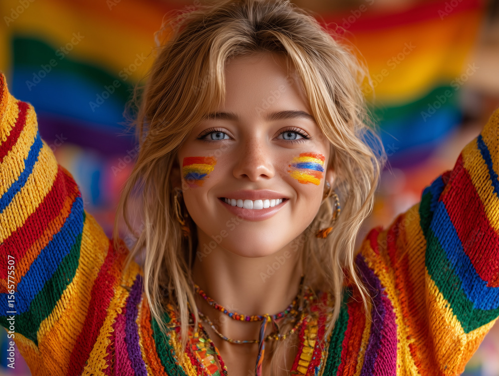 Fototapeta premium beautiful young woman with long blonde hair and soft makeup, wearing a rainbow-striped sweater and rainbow face paint, smiling joyfully with arms up, sitting in front of a large pride flag backdrop, 