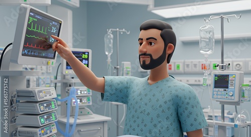 A cartoon doctor attentively monitors patient vital signs on a medical screen in a modern hospital room.