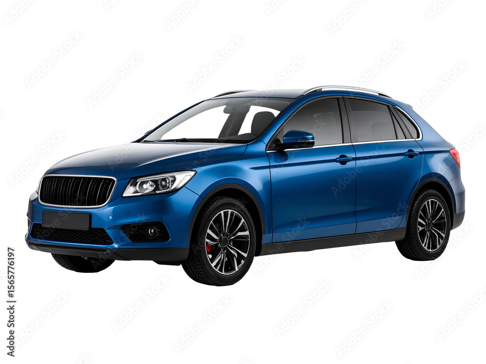 Naklejka premium Blue compact SUV against white background, suitable for automotive industry marketing materials, car rental advertisements, and transportationrelated presentations.