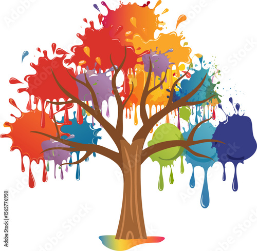Colorful paint splashes form a vibrant tree, symbolizing growth, creativity, and artistic expression. The tree's branches and trunk are brown, while its foliage bursts with rainbow hues