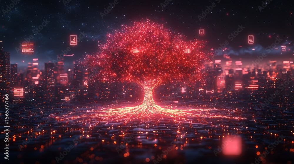 Glowing Tree with Fiber Optic Roots Illuminating a Digital City at Night Glowing Tree with Fiber Optic Roots Illuminating a Digital City at Night