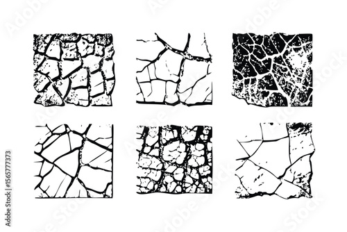 Cracked Surface Textures Vector Engraving Set. Detailed Monochrome Grunge Overlays. Vintage Stipple & Hatching Style Illustrations