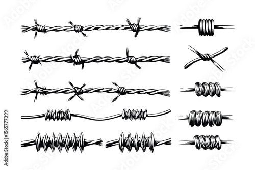 Barbed Wire Vector Engraving Set. Detailed Monochrome Industrial Fence Illustrations. Vintage Stipple & Hatching Style Icons & Symbols