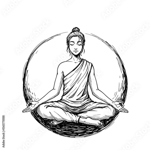 Figure meditating in circle with serene expression and peaceful aura  