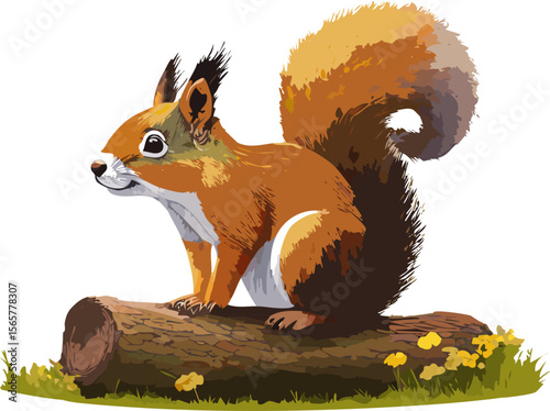 A curious squirrel perched on a log, with a lush tail and alert expression, set against a natural backdrop