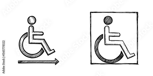 Accessible Door & Wheelchair Icon. Hand-drawn monochrome sketch symbol on a transparent background. Universal design, disability access for websites, signage, public spaces, educational materials