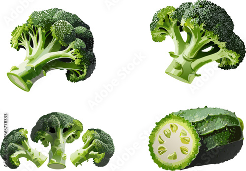 Fresh broccoli and kiwano on a bright backdrop, A macro shot of fresh broccoli and kiwano