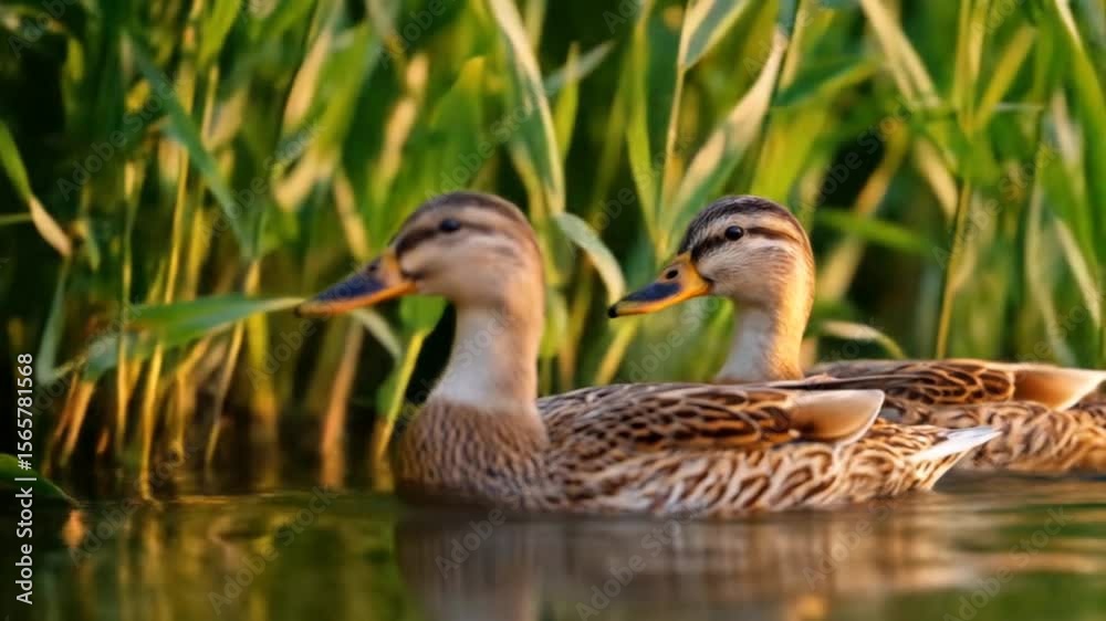Ducks swimming in a row through calm water near green reeds in natural habitat
