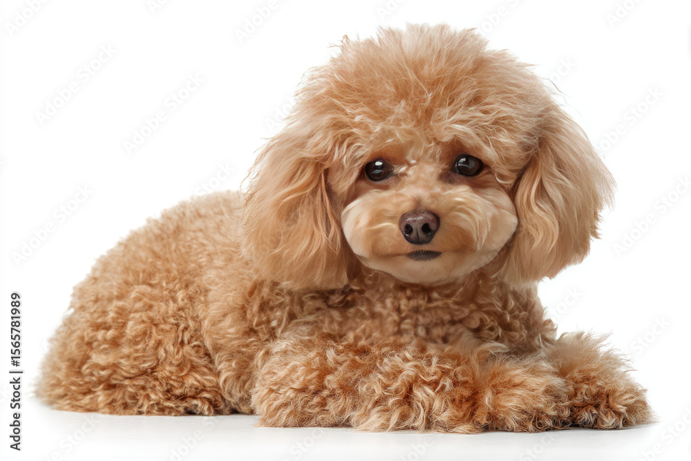 A fluffy, adorable poodle dog lying gracefully on a clean white surface, exuding charm and warmth A fluffy, adorable poodle dog lying gracefully on a clean white surface, exuding charm and warmth